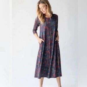 Natural Life Casual Navy Floral Sweater Long-Sleeve Midi Dress with Pockets Size